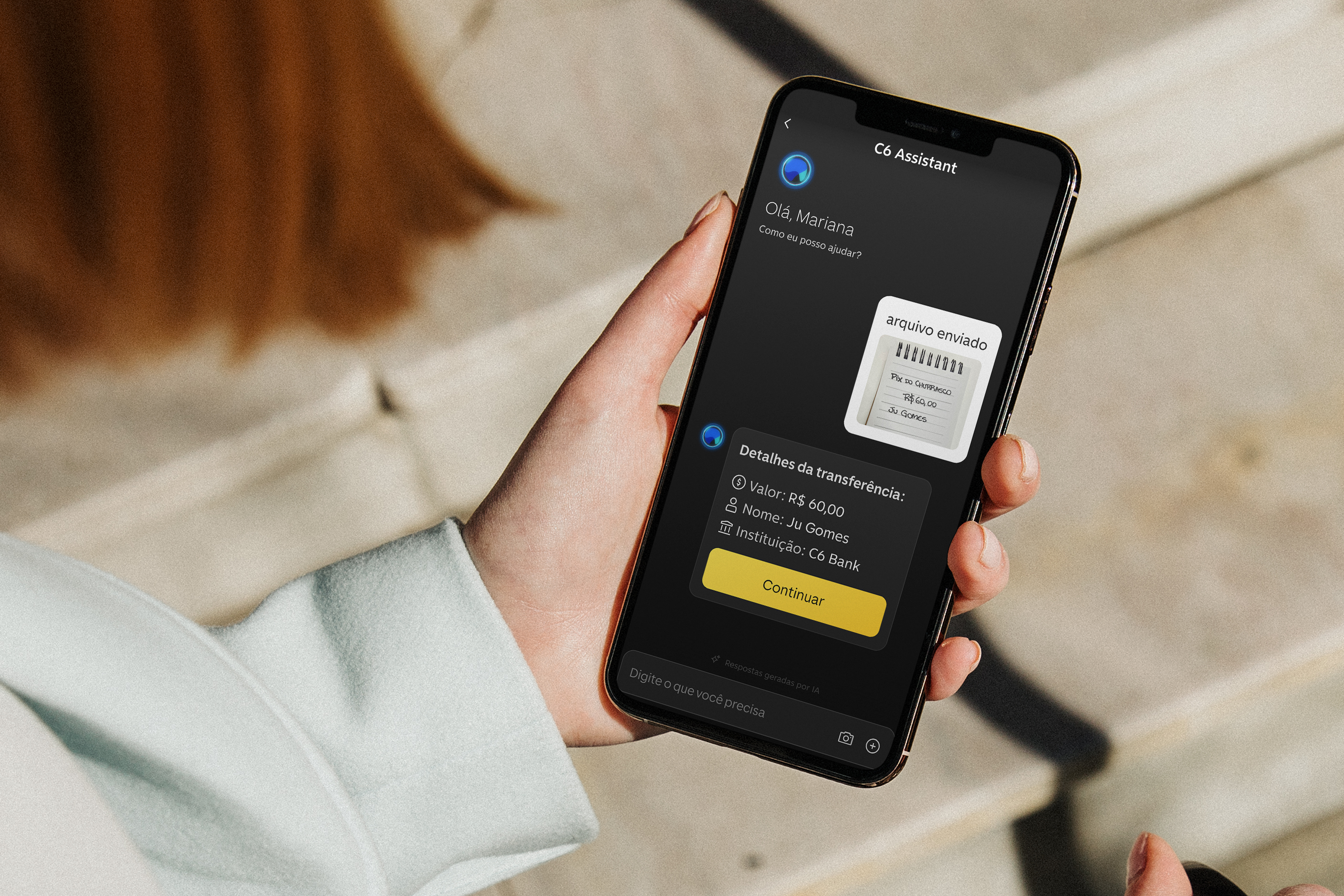 Usuário fazendo Pix pelo C6 Assistant, enviando uma imagem com as informações para a transação financeira