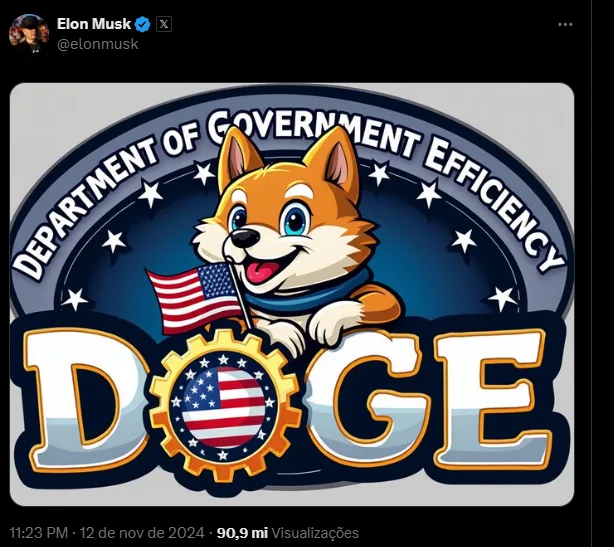 Postagem de Elon Musk no X, após a criação do DOGE. Foto: reprodução