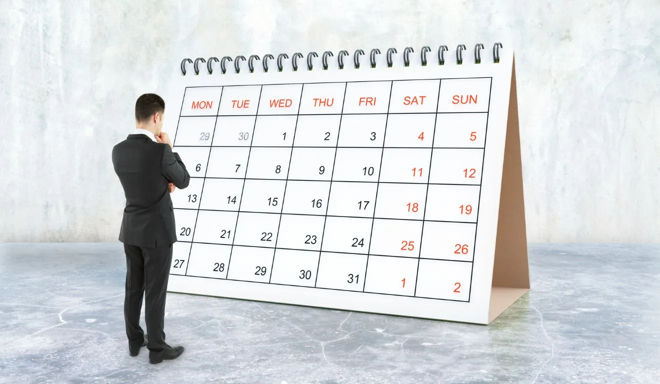 Homem de terno olhando para um calendário