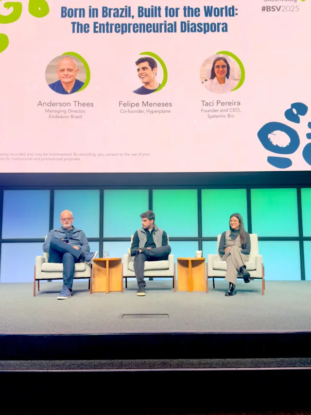 Anderson Thees, diretor da Endeavor no Brasil, conversou com Felipe Meneses, cofundador da Hyperplane, e Taci Pereira, fundadora da Systemic Bio, na BSV 2025
