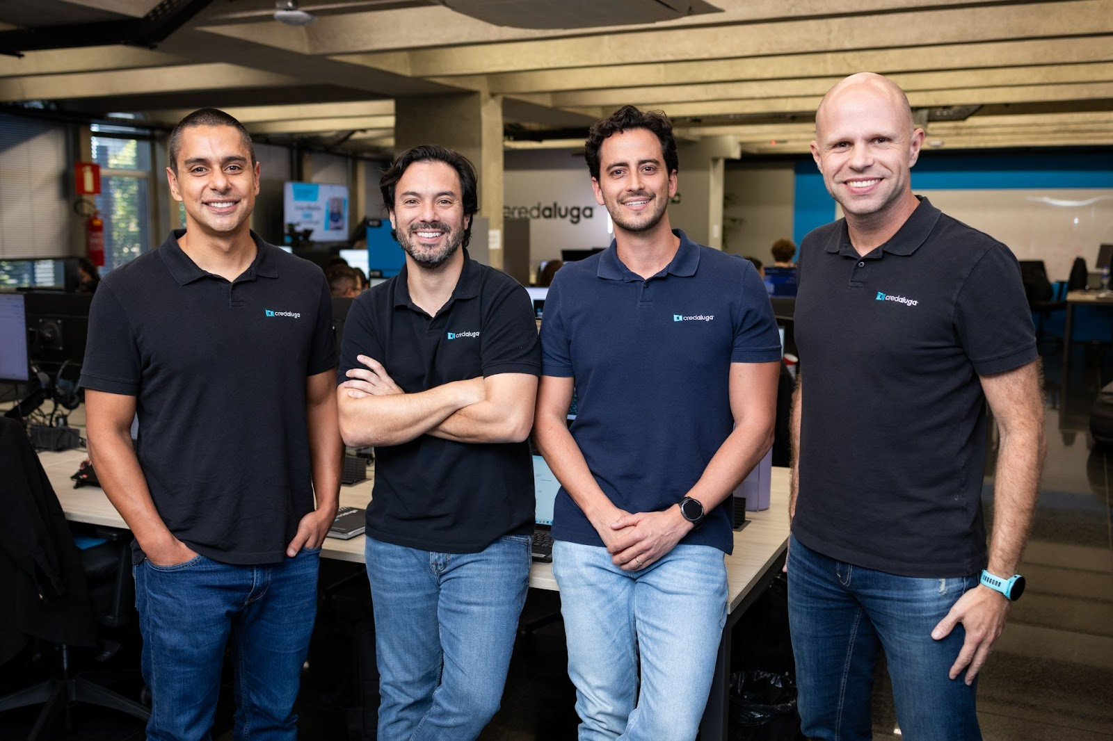 Daniel Santos (cofundador e co-CEO), Guilherme Blumer (cofundador e co-CEO), Rafael Maia (CFO e COO), e Rodrigo Werneck (CMO), da CredAluga | Foto: divulgação
