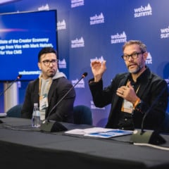 Darren Parslow, Global Head, Visa Commercial Solutions (à esq.), e Mark Nelsen, Global Head of Product for Visa CMS, durante o Web Summit Lisboa 2025
