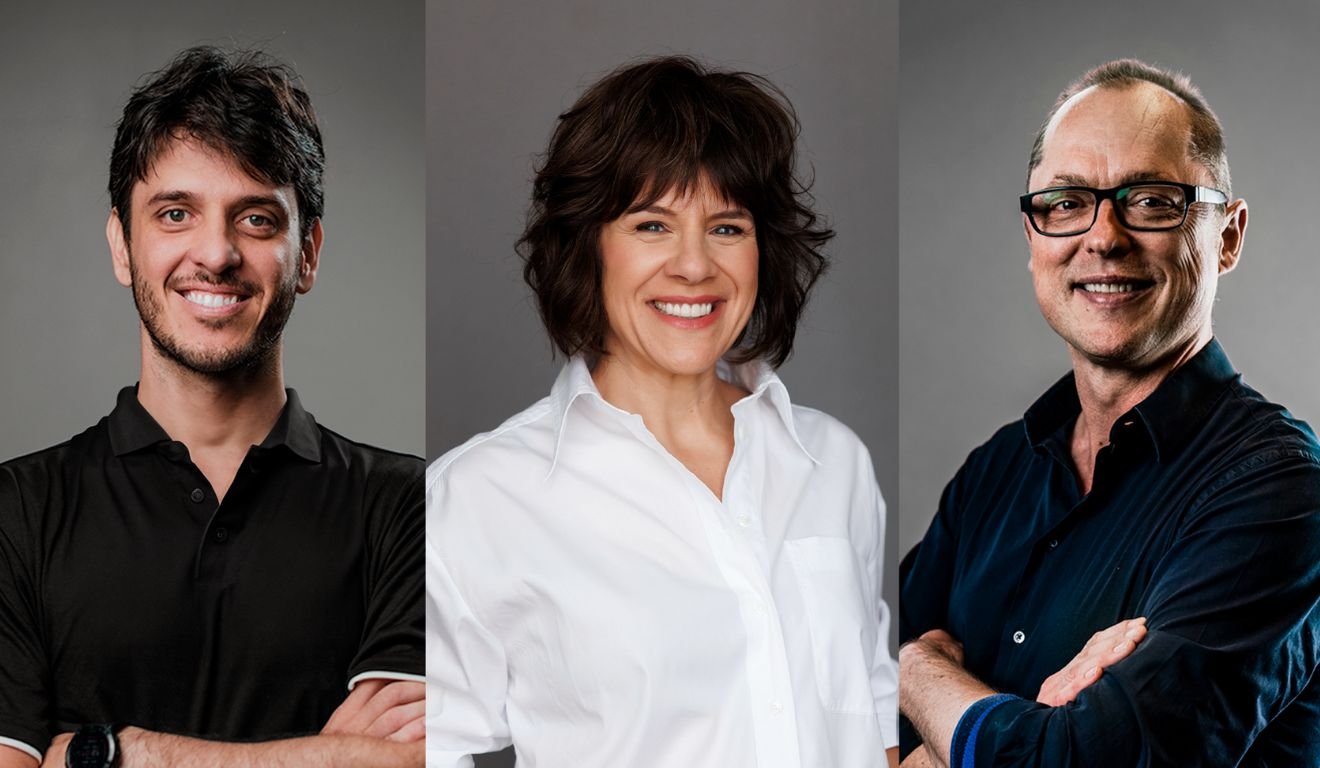 Matheus Dellagnelo, CEO Américas da Indicium AI; Kelly Manthey, CEO Global da Indicium AI; e Jacob Parsons, CEO Europa da Indicium AI (Foto: Divulgação)