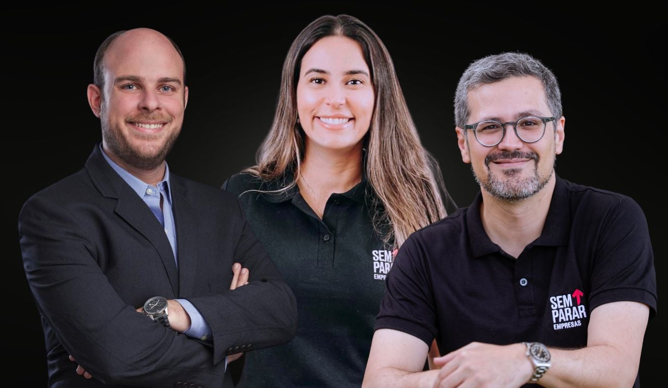 Bruno Portnoi, novo CRO (Chief Revenue Officer) da Sem Parar Empresas, ao lado de Jéssica Barcelos, promovida a Diretora de Marketing e Growth, e Alexandre Pernambuco, novo diretor de Inovação e Transformação da companhia