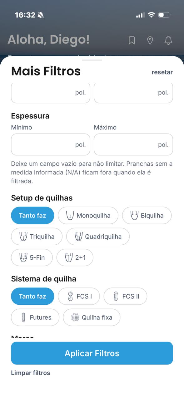 Filtros no aplicativo da Quiva